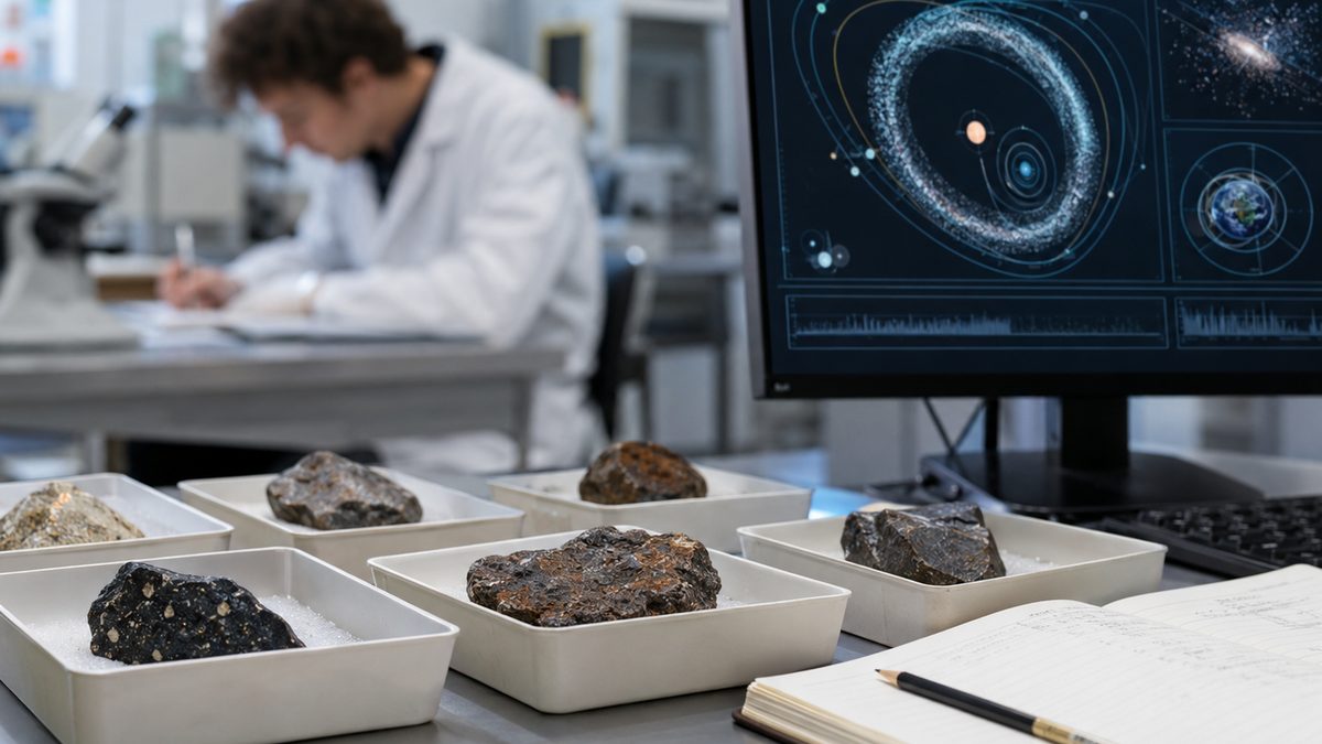 Meteorite samples sit in trays on a laboratory table beside a computer showing abstract planetary graphics.