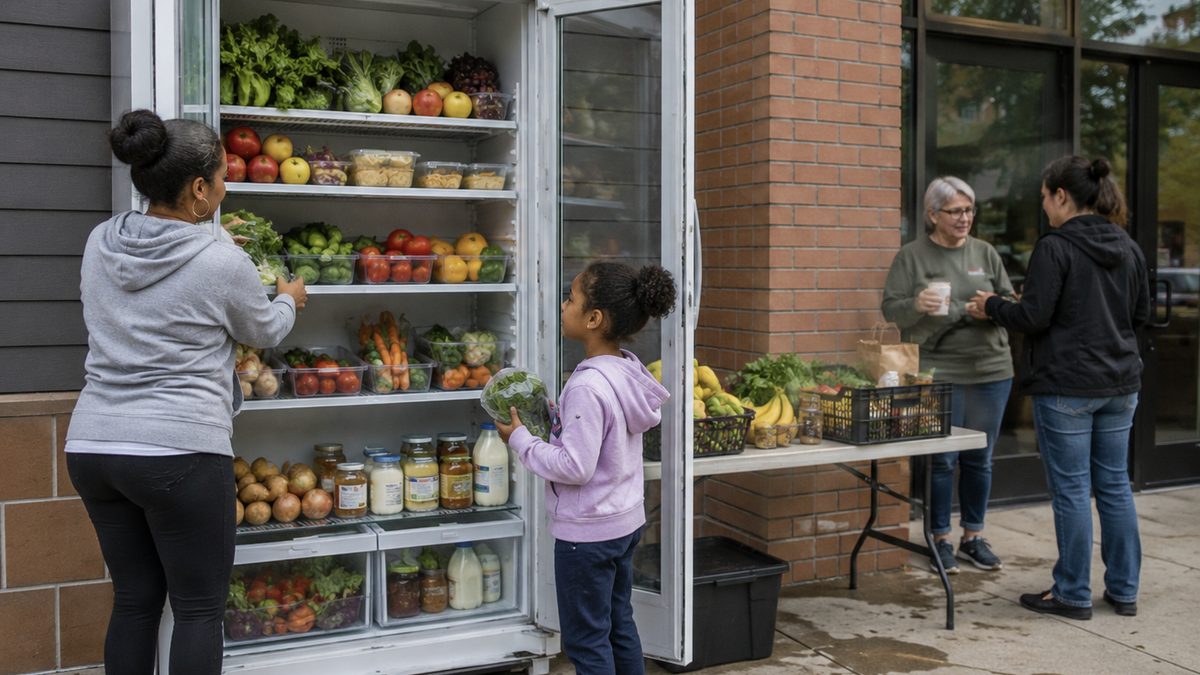 A community refrigerator with produce and pantry items outside a neighborhood center.