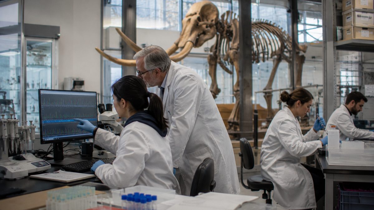 Researchers study genetic data near a woolly mammoth skeletal reconstruction.