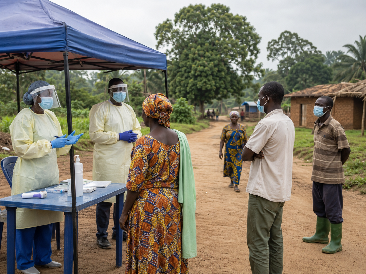 Health workers at a rural checkpoint speaking with residents.