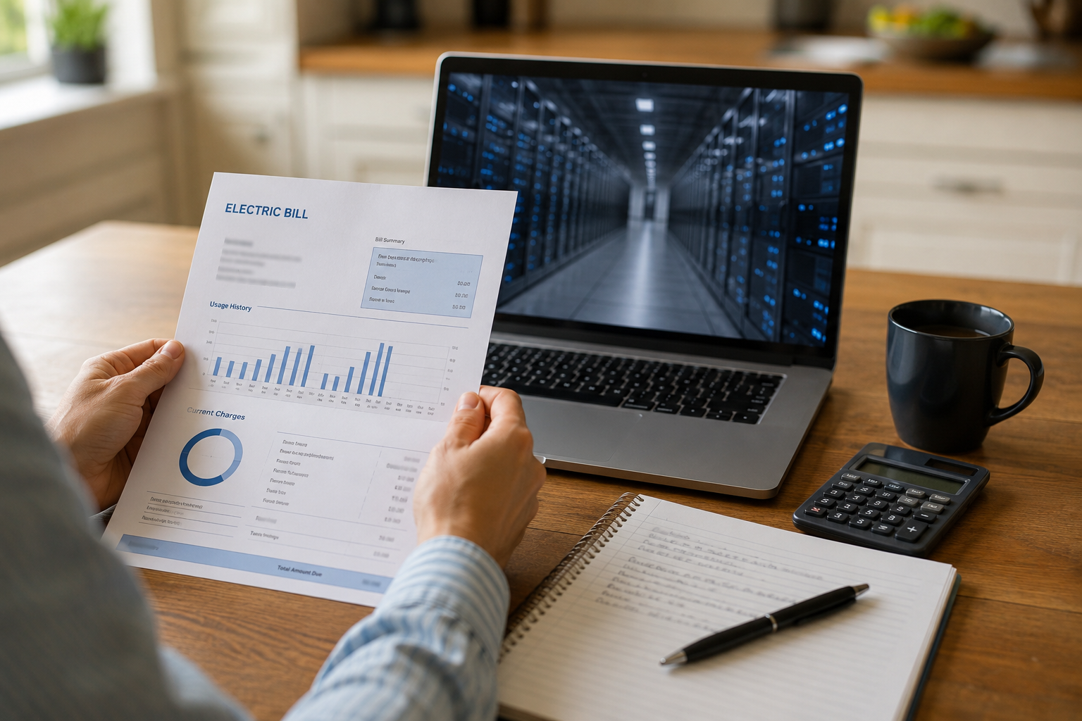 An electric bill sits on a kitchen table beside a laptop showing a blurred data-center image.