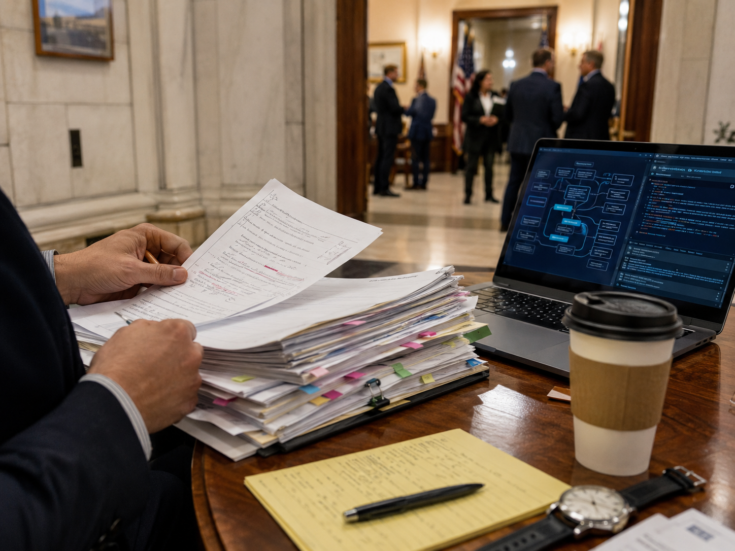 An unsigned policy folder sits beside a laptop with abstract AI imagery.