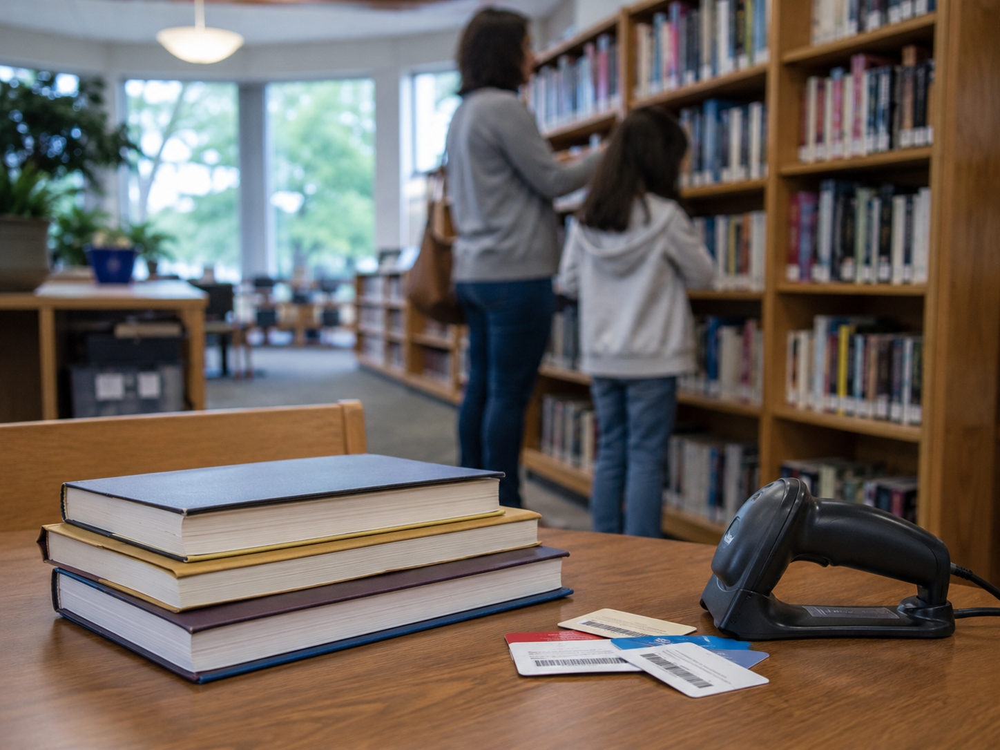 A parent and student browse library shelves near a table stacked with books.