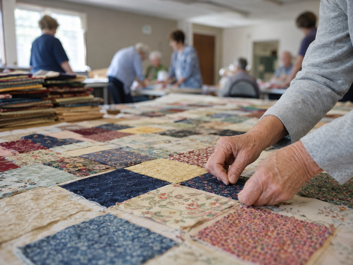 Hands arrange colorful quilt squares on a community room table.