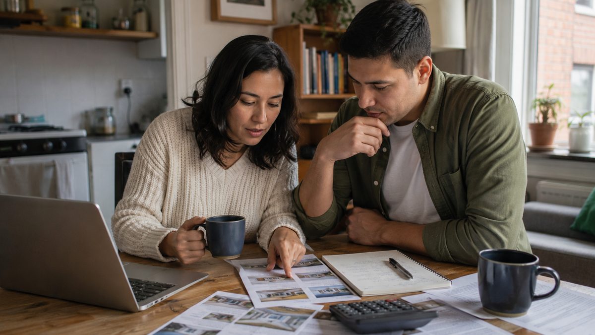 A couple reviews home listings and mortgage estimates at a kitchen table.