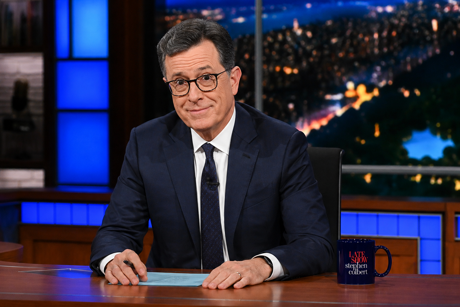 An empty late-night television studio representing the changing future of broadcast comedy.