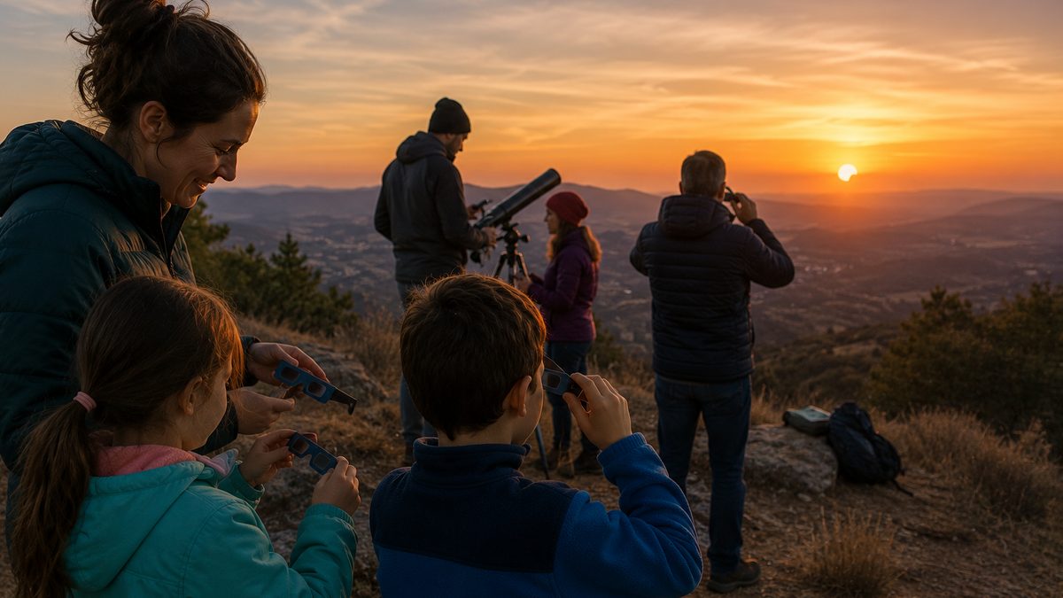 Skywatchers prepare eclipse glasses on a hill near sunset.