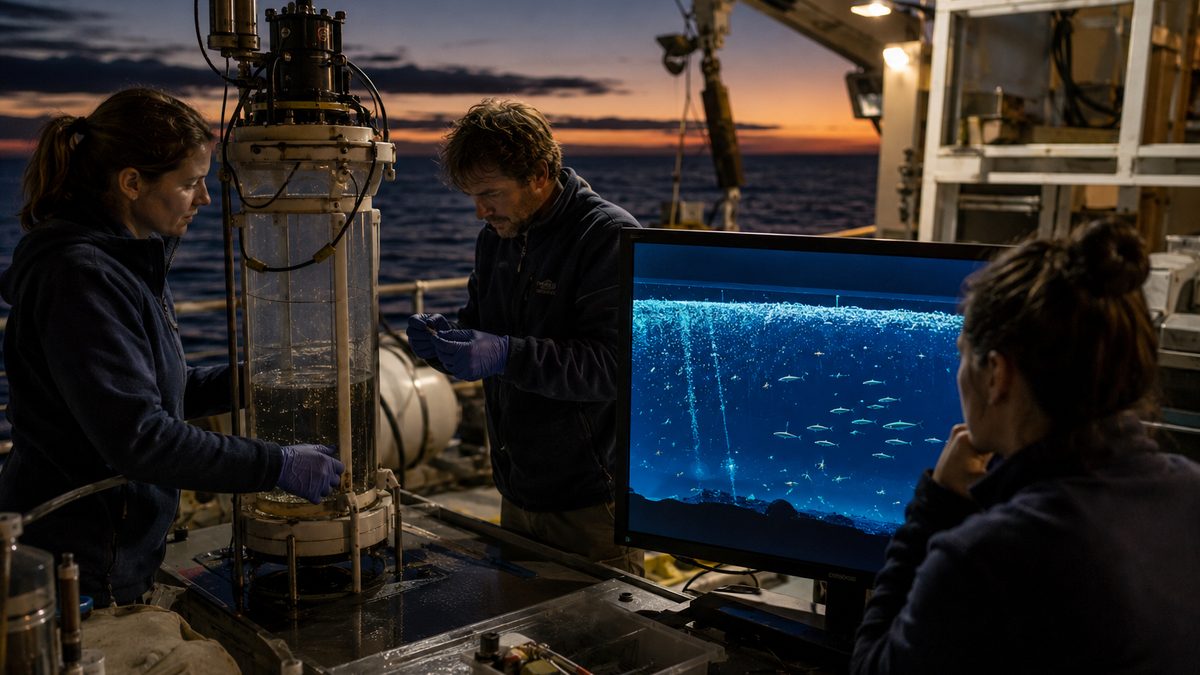 Marine researchers study deep-ocean sampling equipment and a twilight-zone ocean visualization aboard a research vessel.
