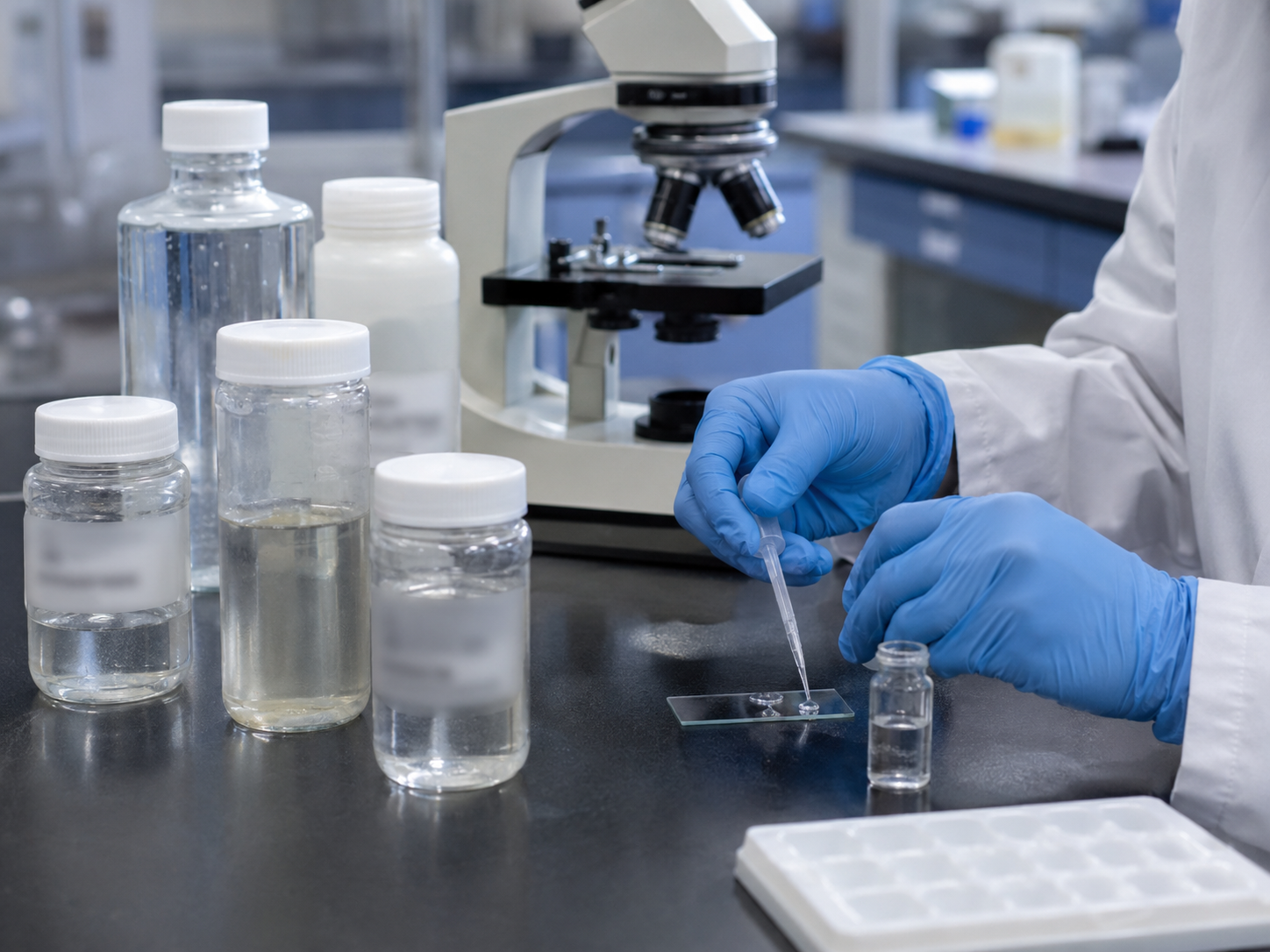 A researcher prepares water samples for laboratory analysis.