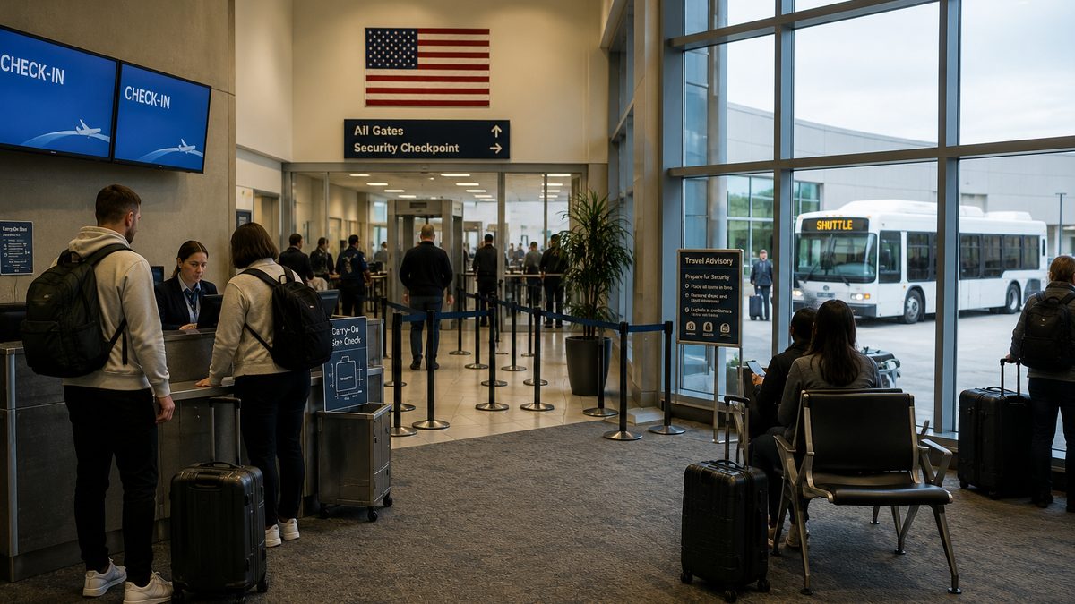 Travelers with luggage wait near a small remote airport terminal screening area.