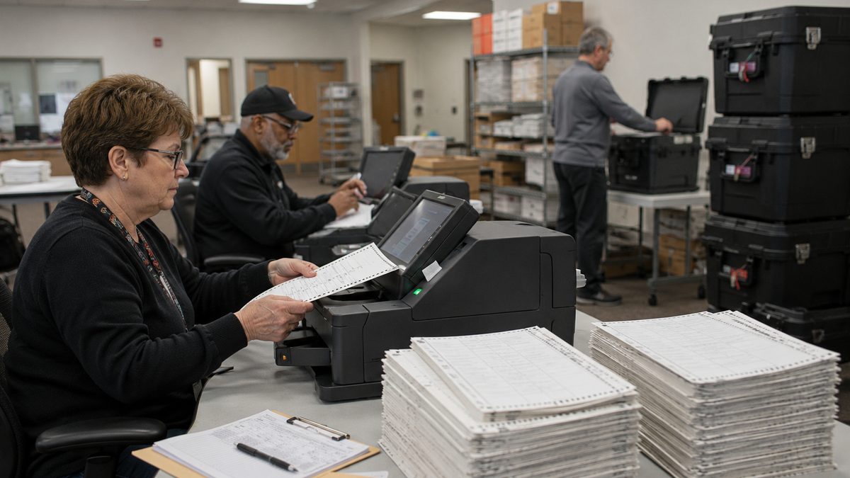 Election workers test ballot scanning equipment in a county election office.
