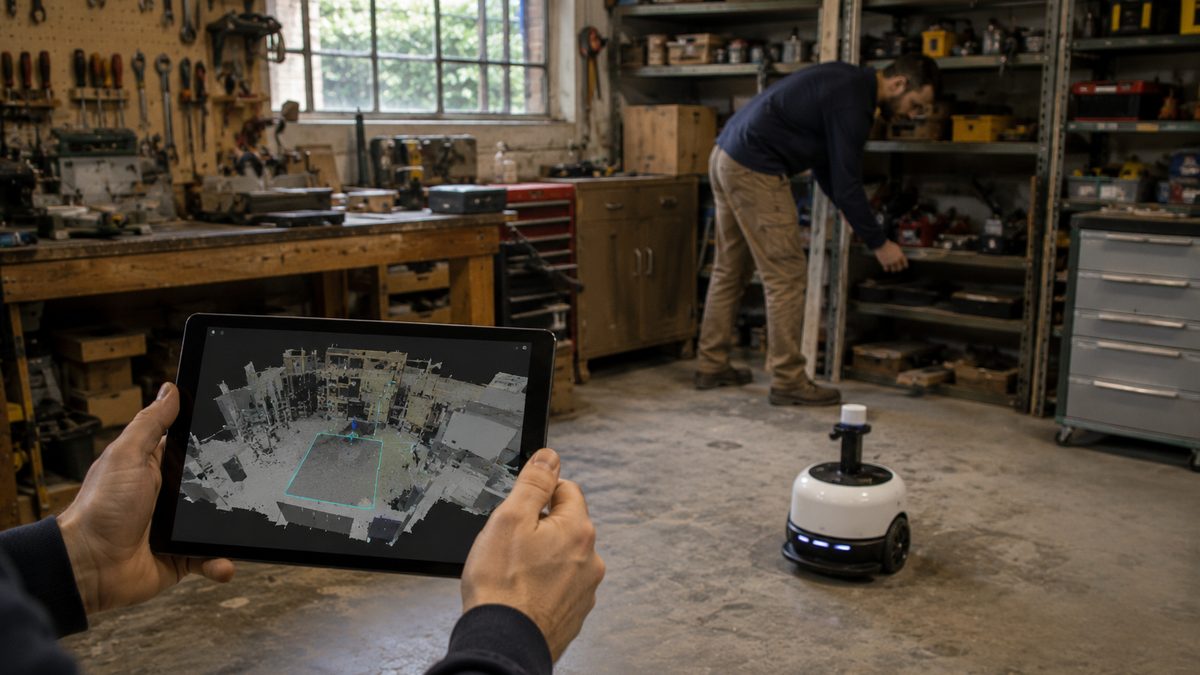 A small indoor robot maps a workshop while a person searches for a misplaced tool.