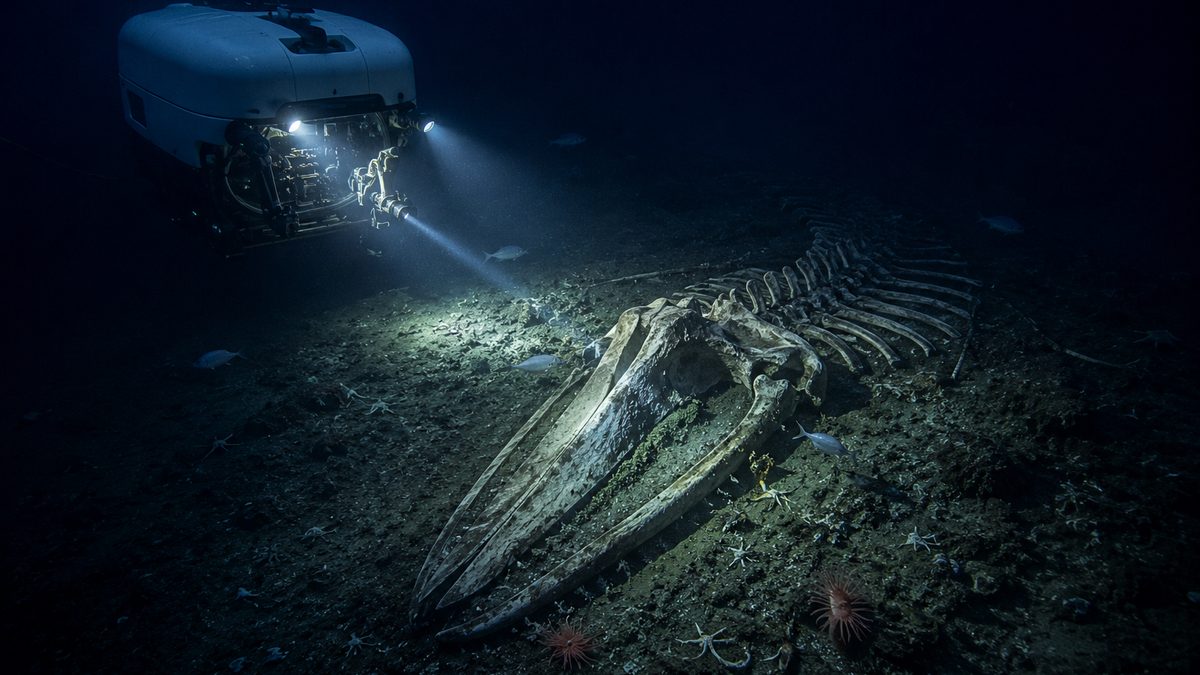 A research submersible illuminates whale bones on the deep ocean floor.
