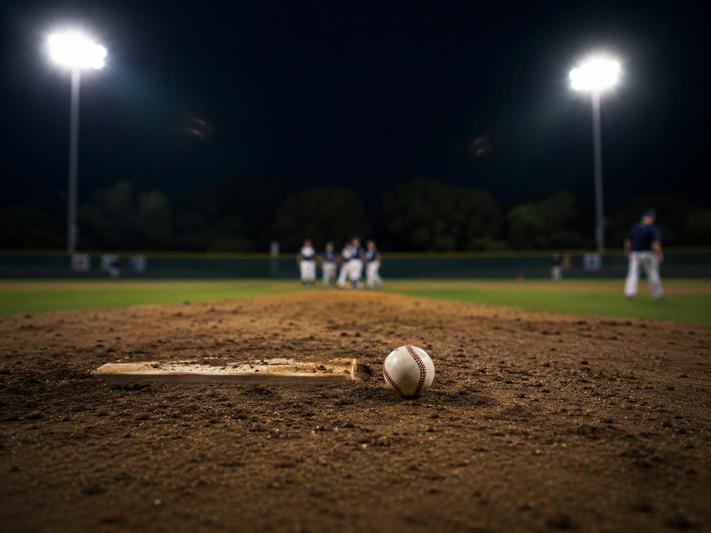 Baseball on a pitcher's mound under stadium lights.