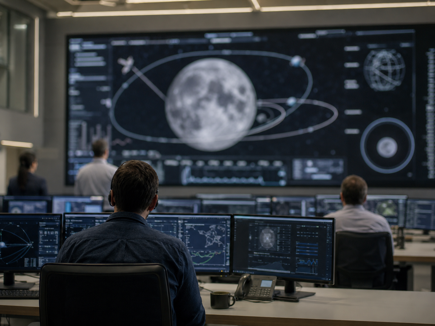 A mission-planning room with a blurred lunar orbit diagram on a screen.
