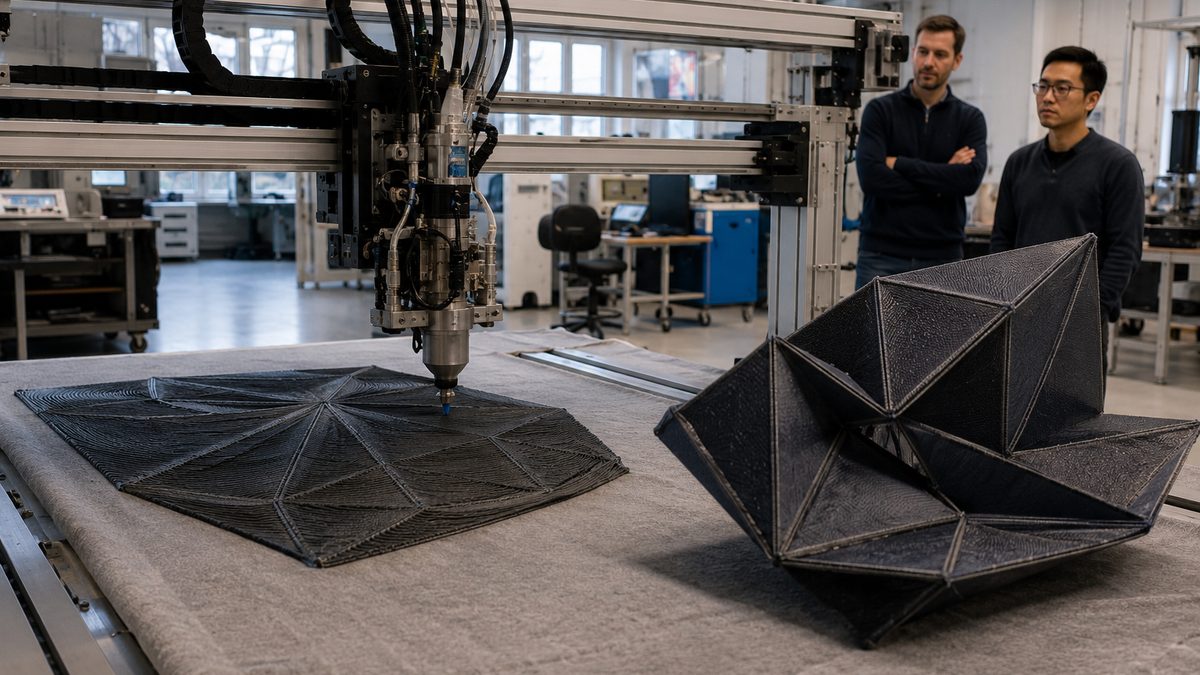 A 3D printer creates a foldable composite structure on flexible fabric in a manufacturing lab.
