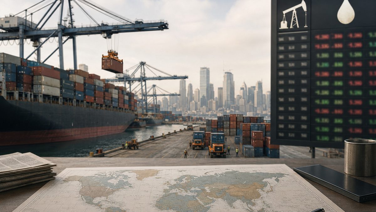 Shipping containers and a global map symbolize links between conflict, energy and trade.