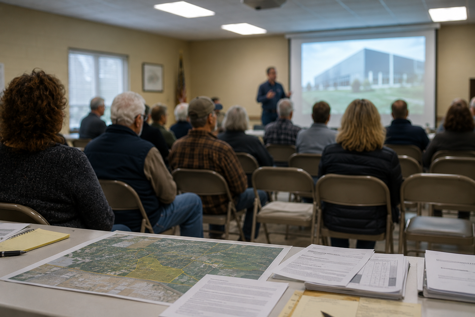 A community meeting setup representing debate over AI data centers.
