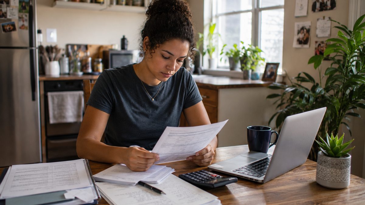 Recent graduate reviewing student loan repayment documents and household budget information.
