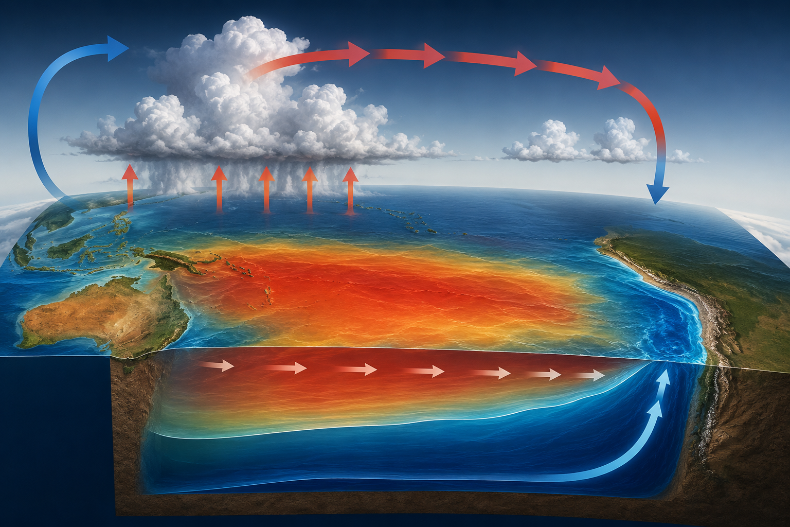 Illustration of warming ocean waters across the tropical Pacific Ocean during an El Niño pattern