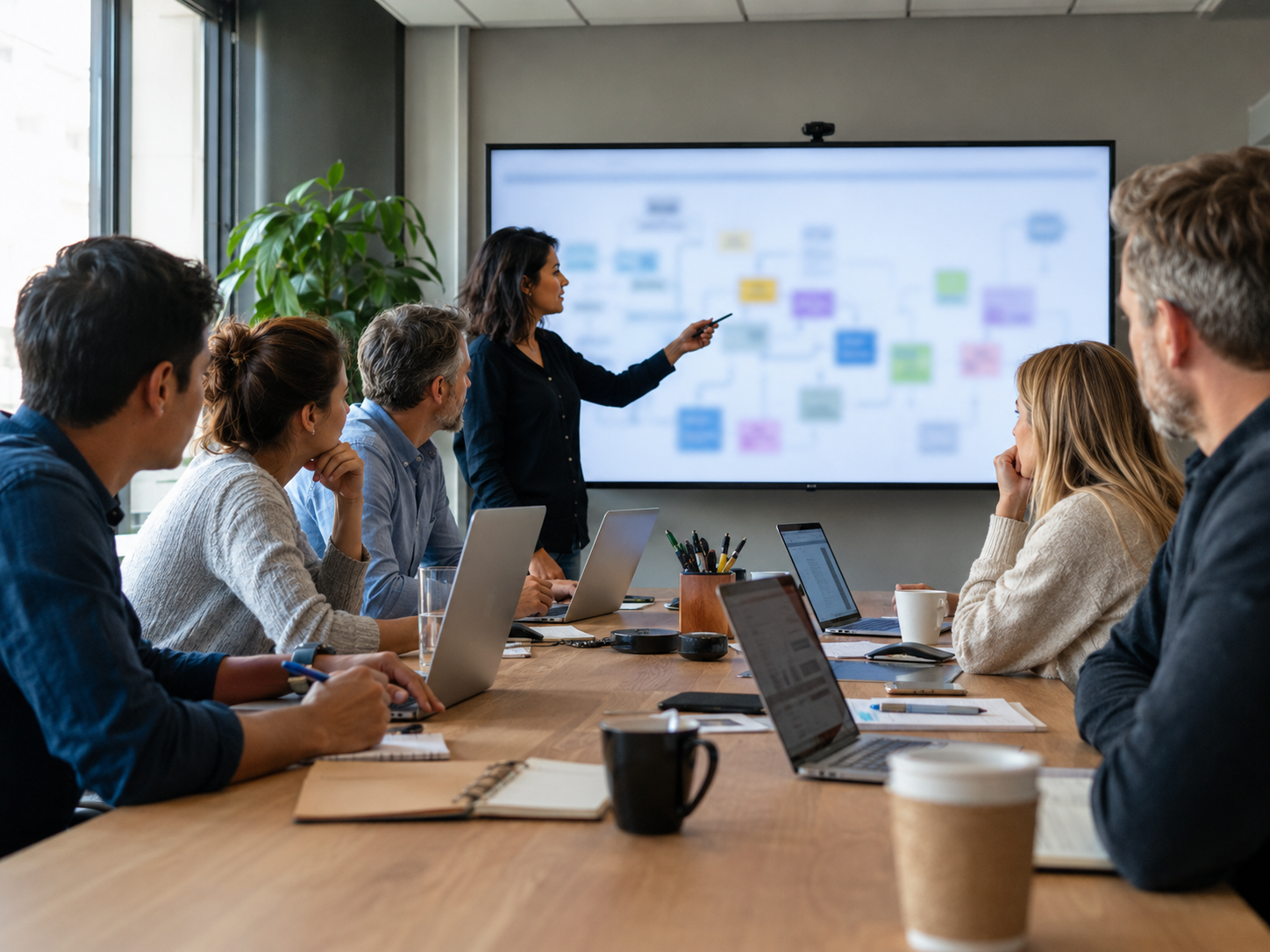 An office team reviews an AI workflow map on a conference-room screen.