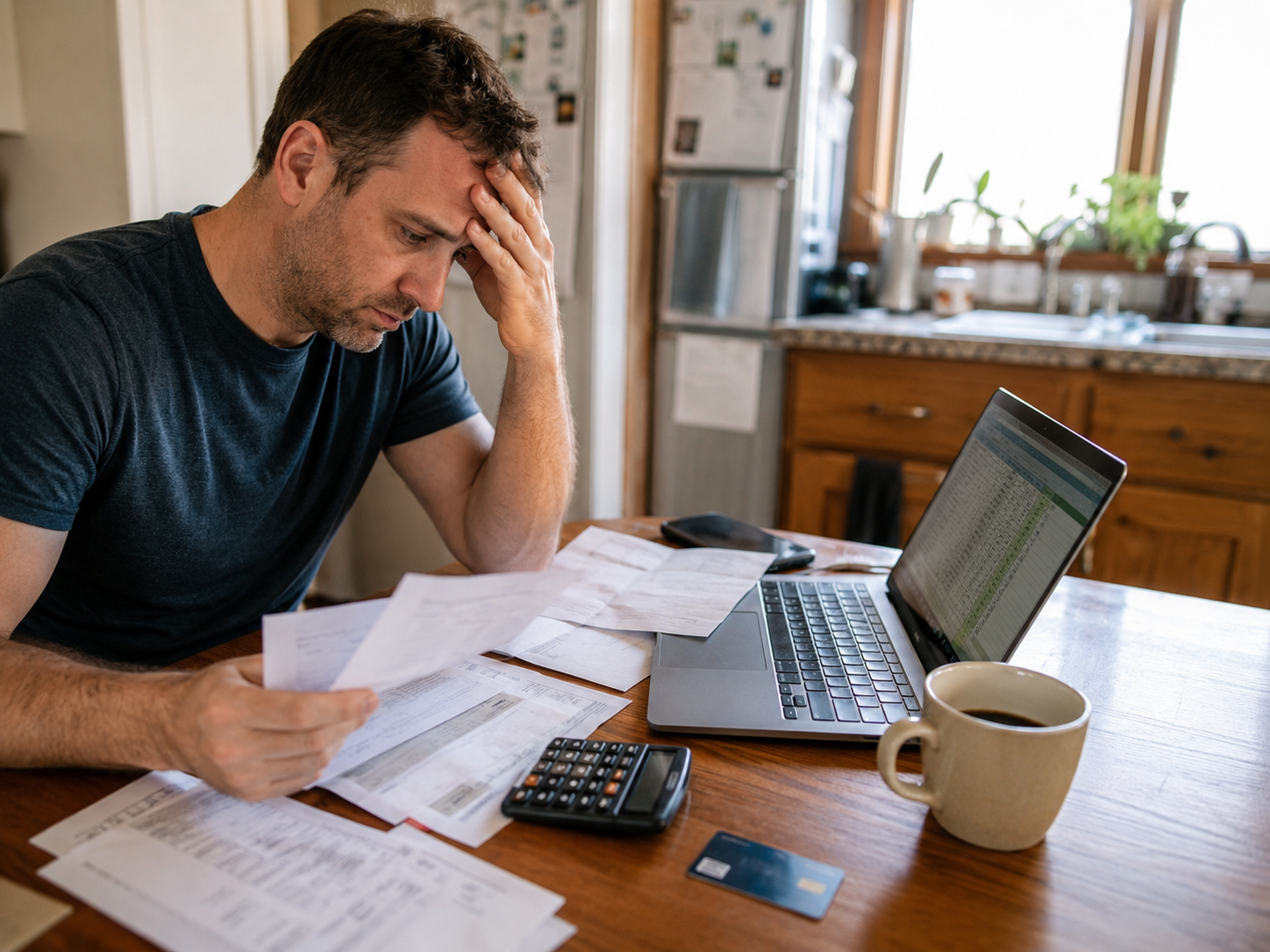 Household bills, a credit card, and a budget spreadsheet on a kitchen table.