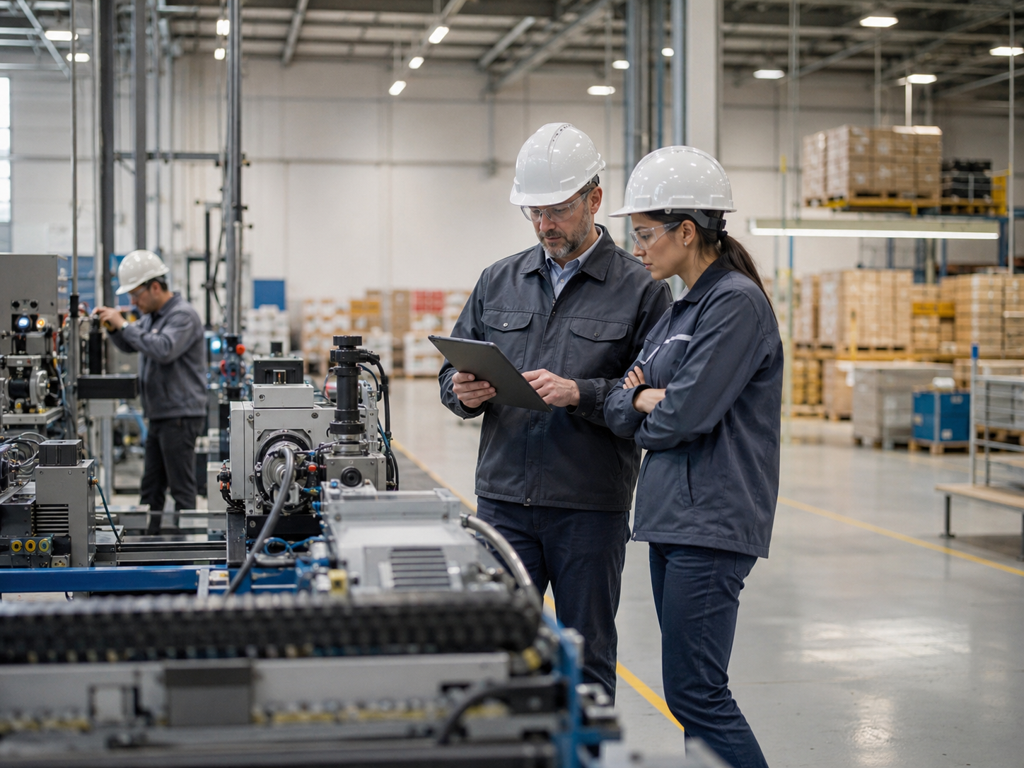 Workers inspect machinery on a factory floor with shipping pallets in the background.