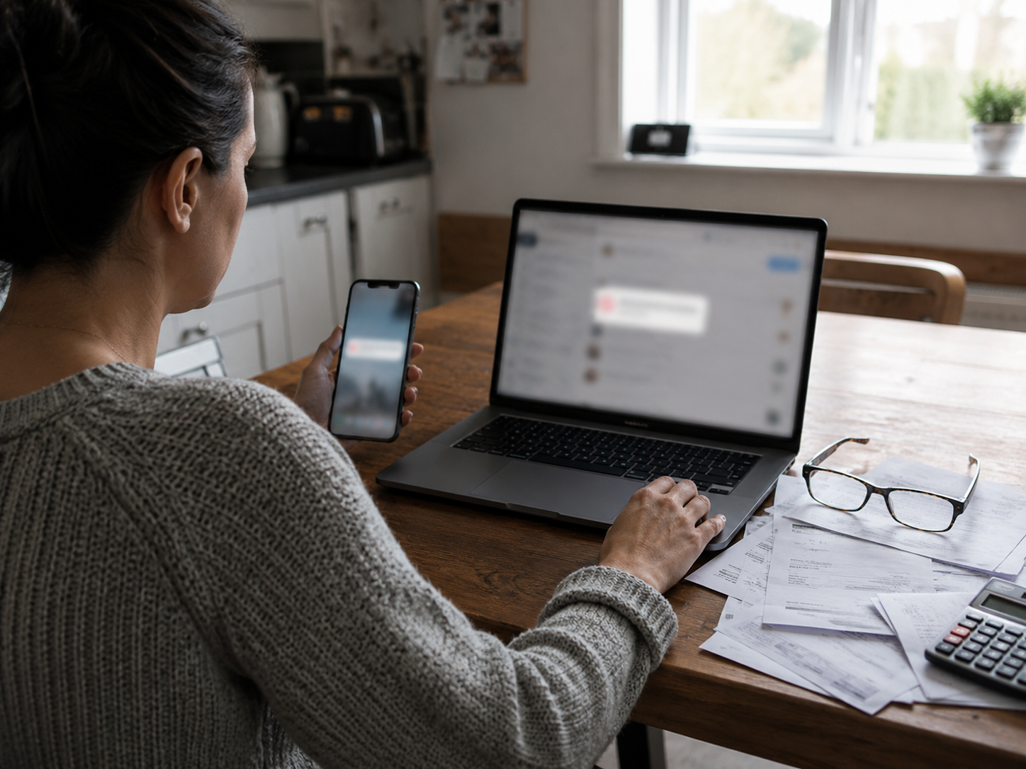 A laptop and phone show blurred suspicious messages near household bills.