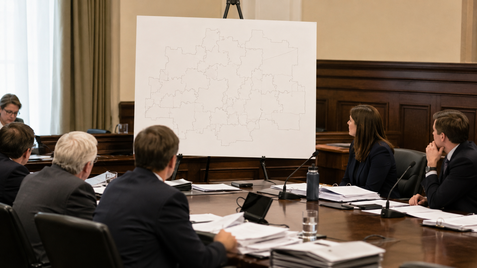 A blank district map stands in a government hearing room.