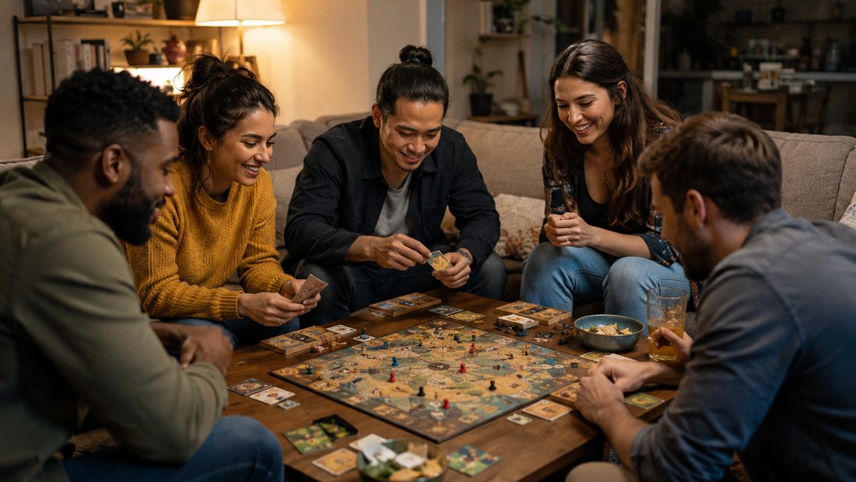 Young adults gathered around a table playing old-fashioned games together.
