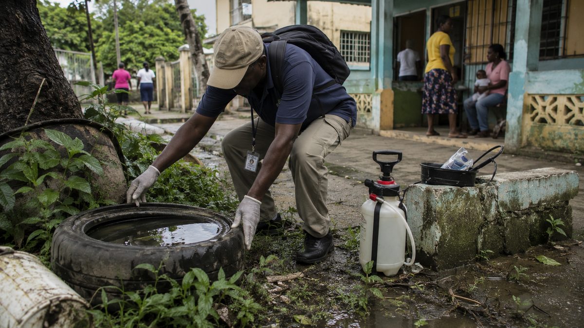 A community health worker checks standing water near a neighborhood clinic in a tropical city.