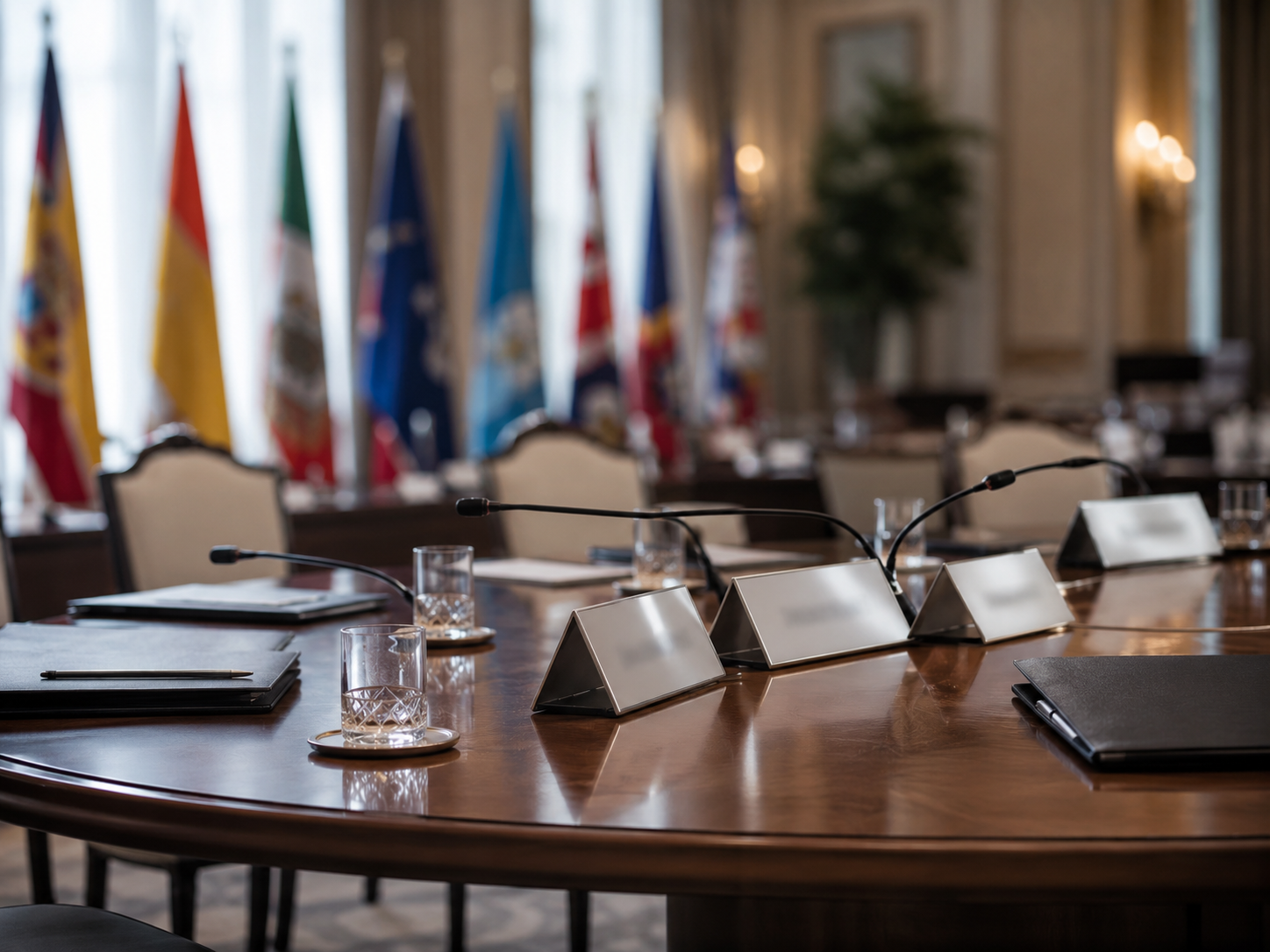 Diplomatic meeting table with folders and microphones before international talks.