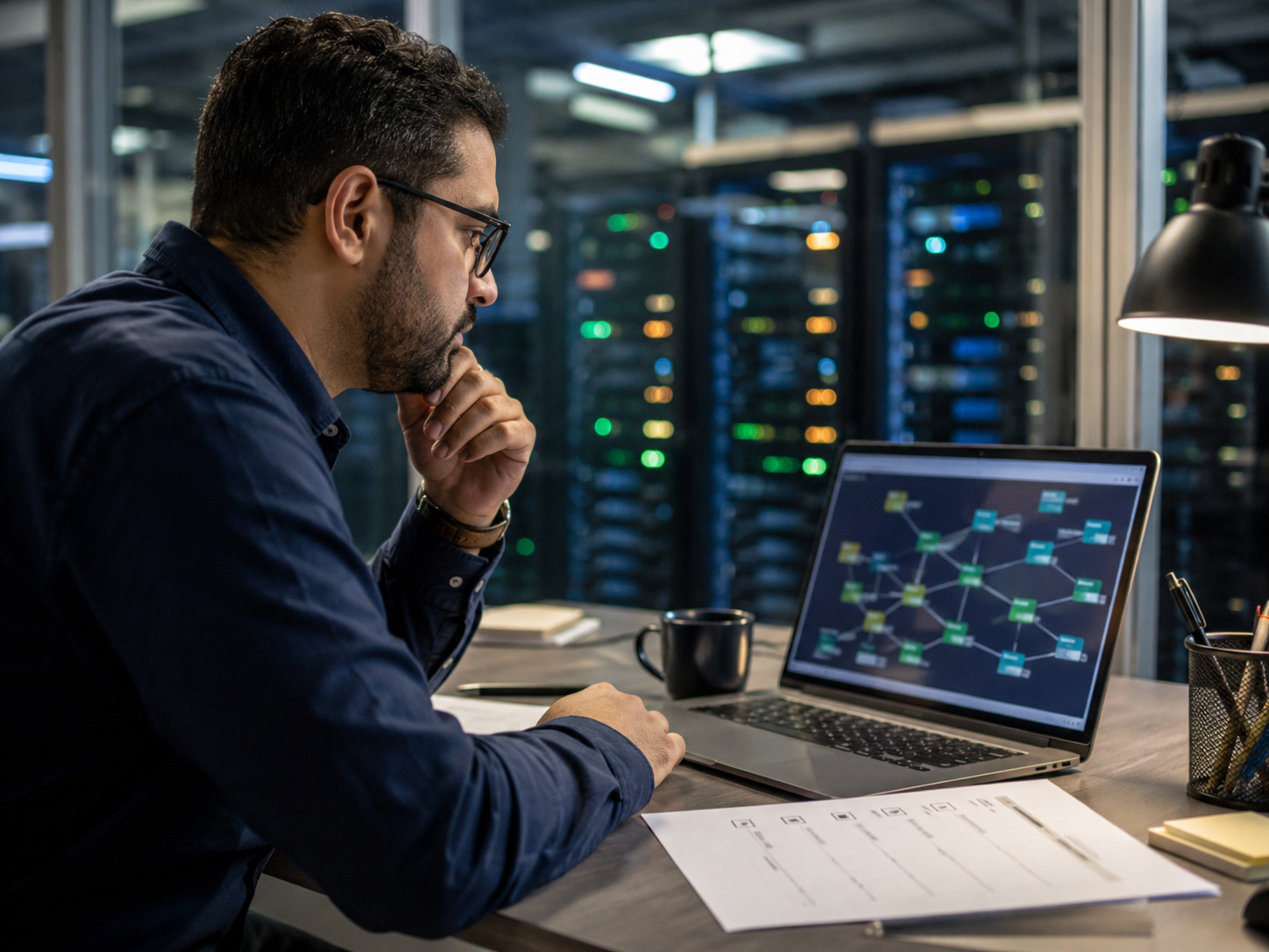 A software operations desk shows a blurred dependency map and security checklist.