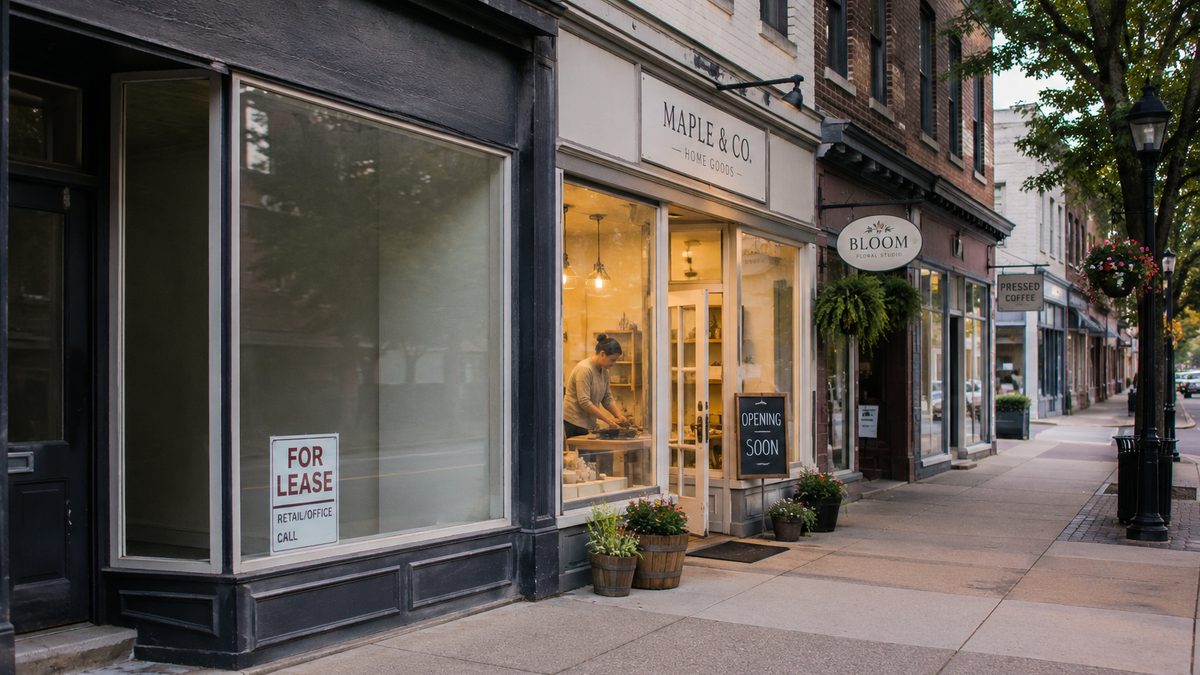 Quiet downtown storefronts with one shop preparing to open.