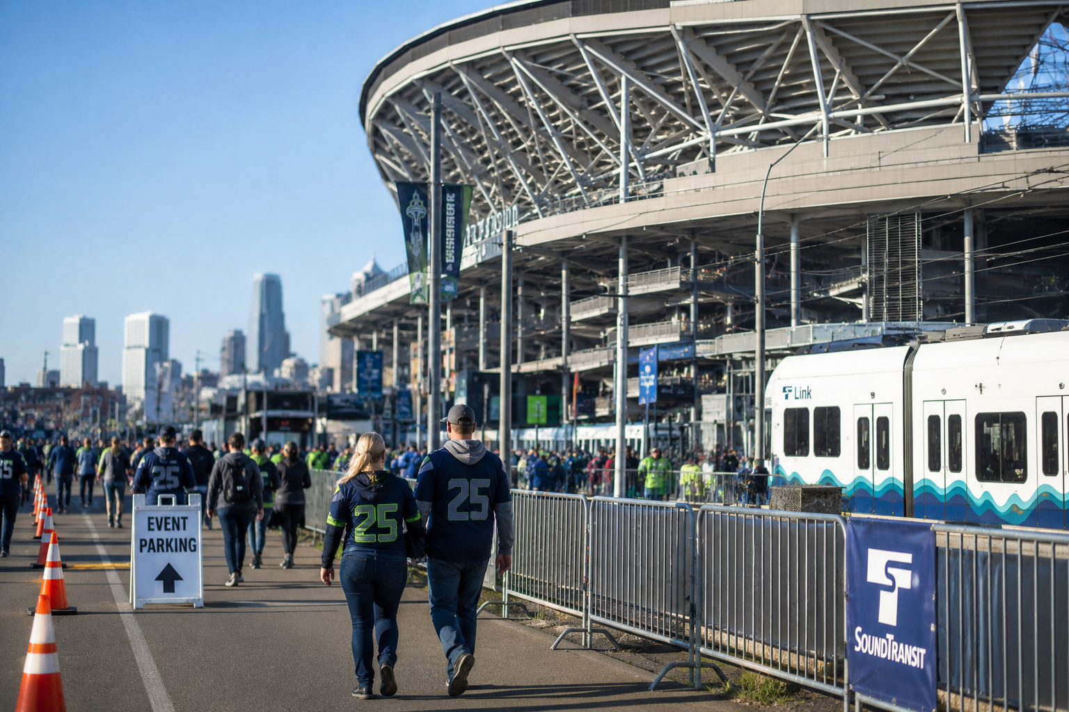 Fans walking near a large stadium before a major sports event.