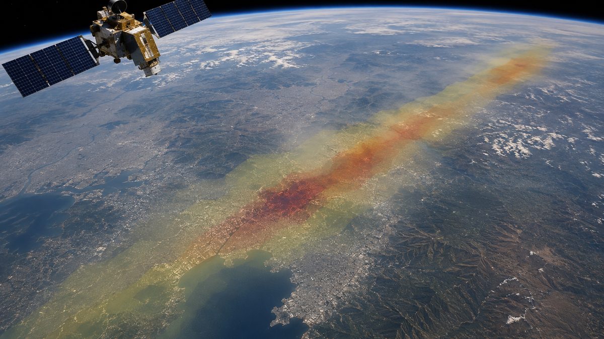 A satellite monitors air pollution over a hazy urban corridor from orbit.