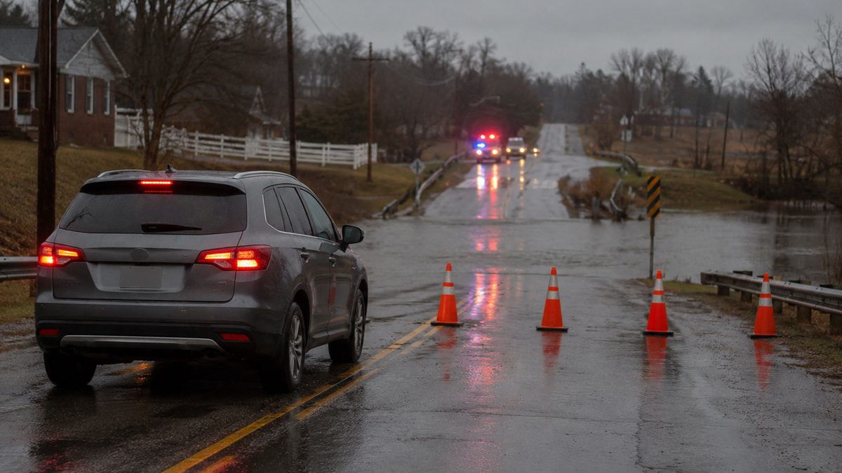 A rain-soaked road near a low-water crossing with traffic cones and a vehicle stopped safely nearby.