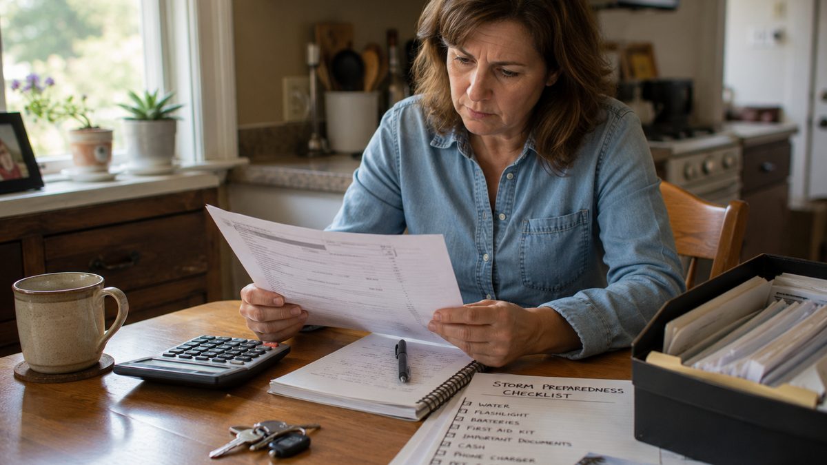A homeowner reviews a home insurance bill at a kitchen table.