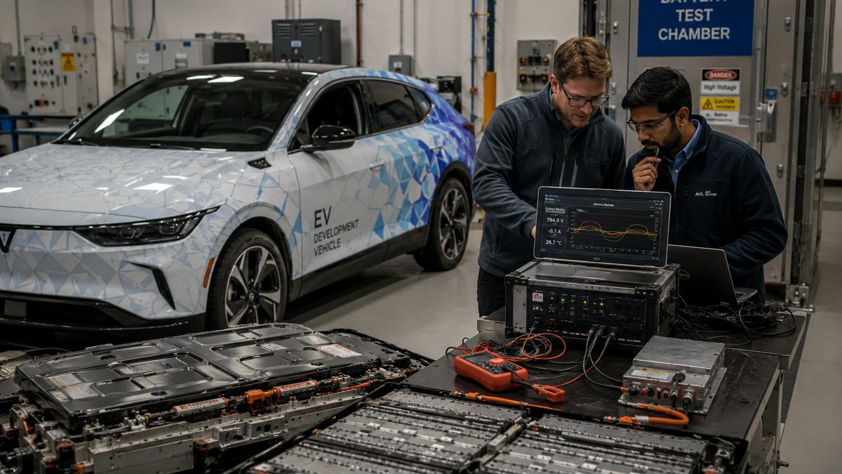 An electric vehicle development car sits near battery testing equipment.
