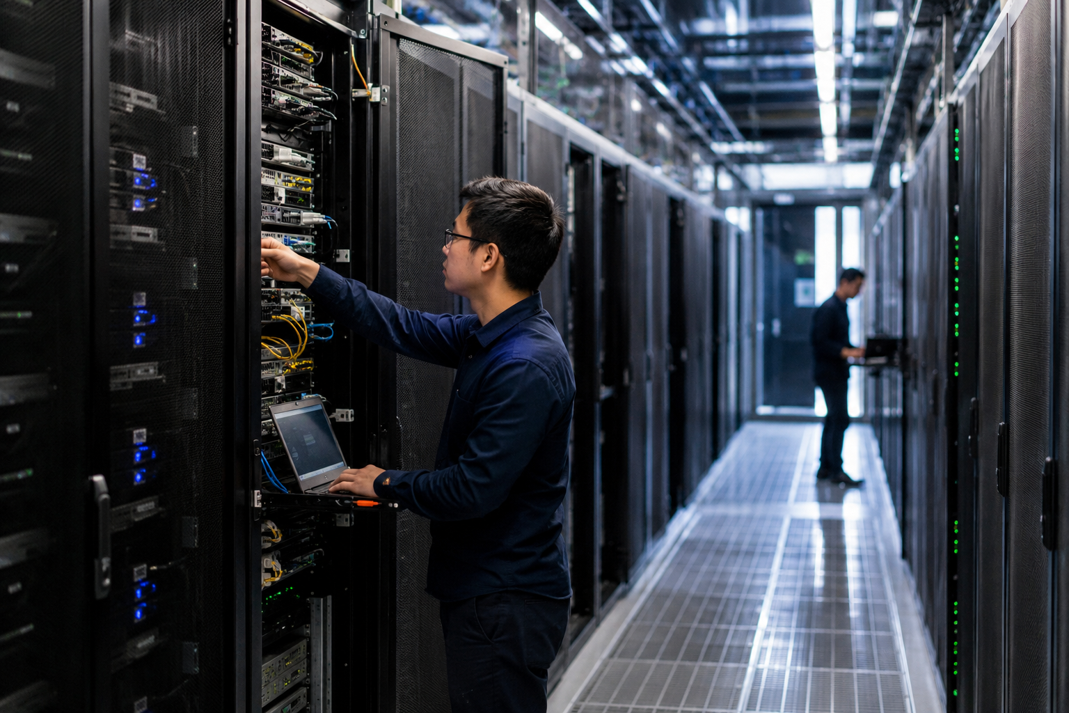 Technicians work inside an AI-focused data center.