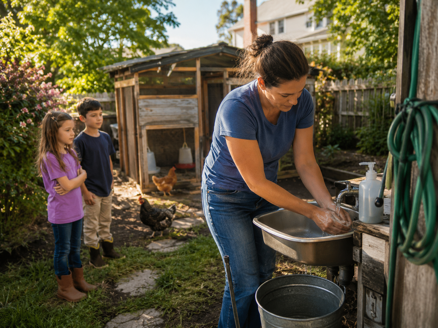 An adult washes hands near a backyard chicken coop while children stand nearby.