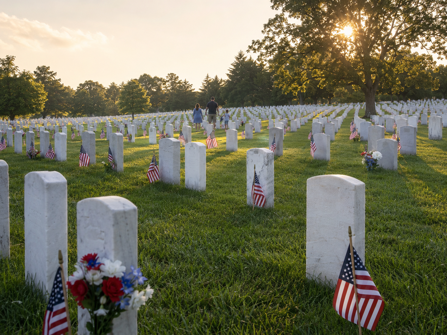 Small American flags placed beside headstones at a national cemetery on Memorial Day.