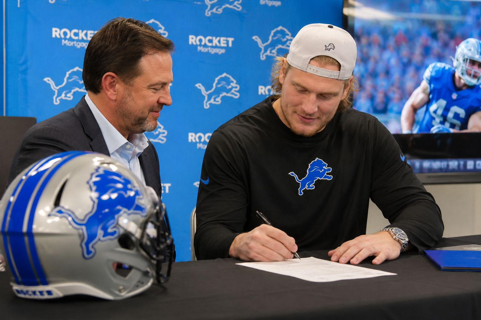 A football playbook and contract folder sit on a locker room bench.