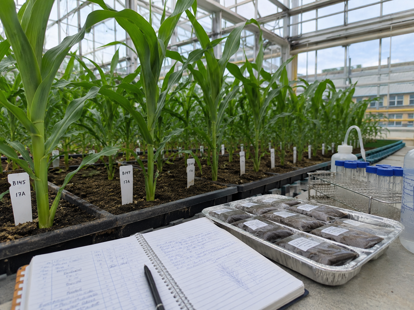 Young corn plants in a research greenhouse with soil samples and notes.