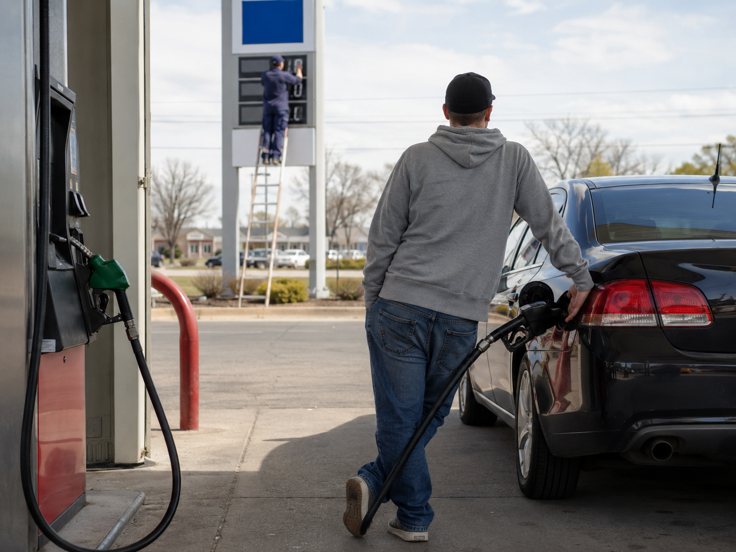 Delivery truck at a gas station with a generic oil price chart visible on a phone.