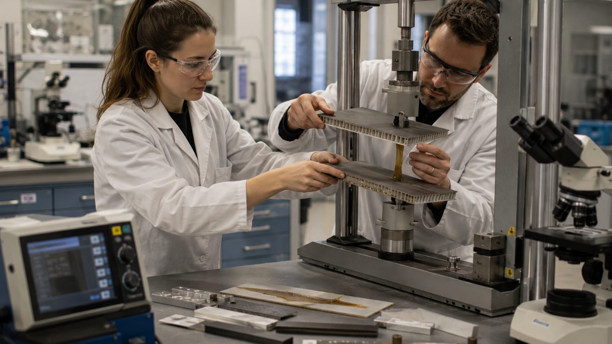 Researchers testing a pressure-activated adhesive in a materials laboratory.