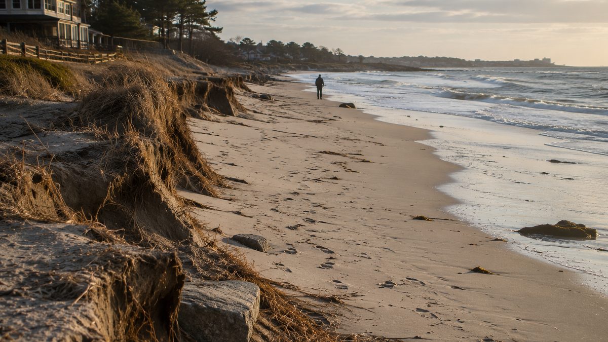 A quiet beach after a storm shows uneven sand, exposed dune grass, small waves, and footprints along the shoreline.