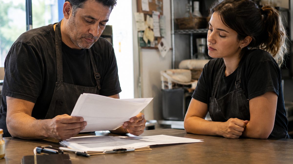A small business owner reviews payroll paperwork near an employee schedule.