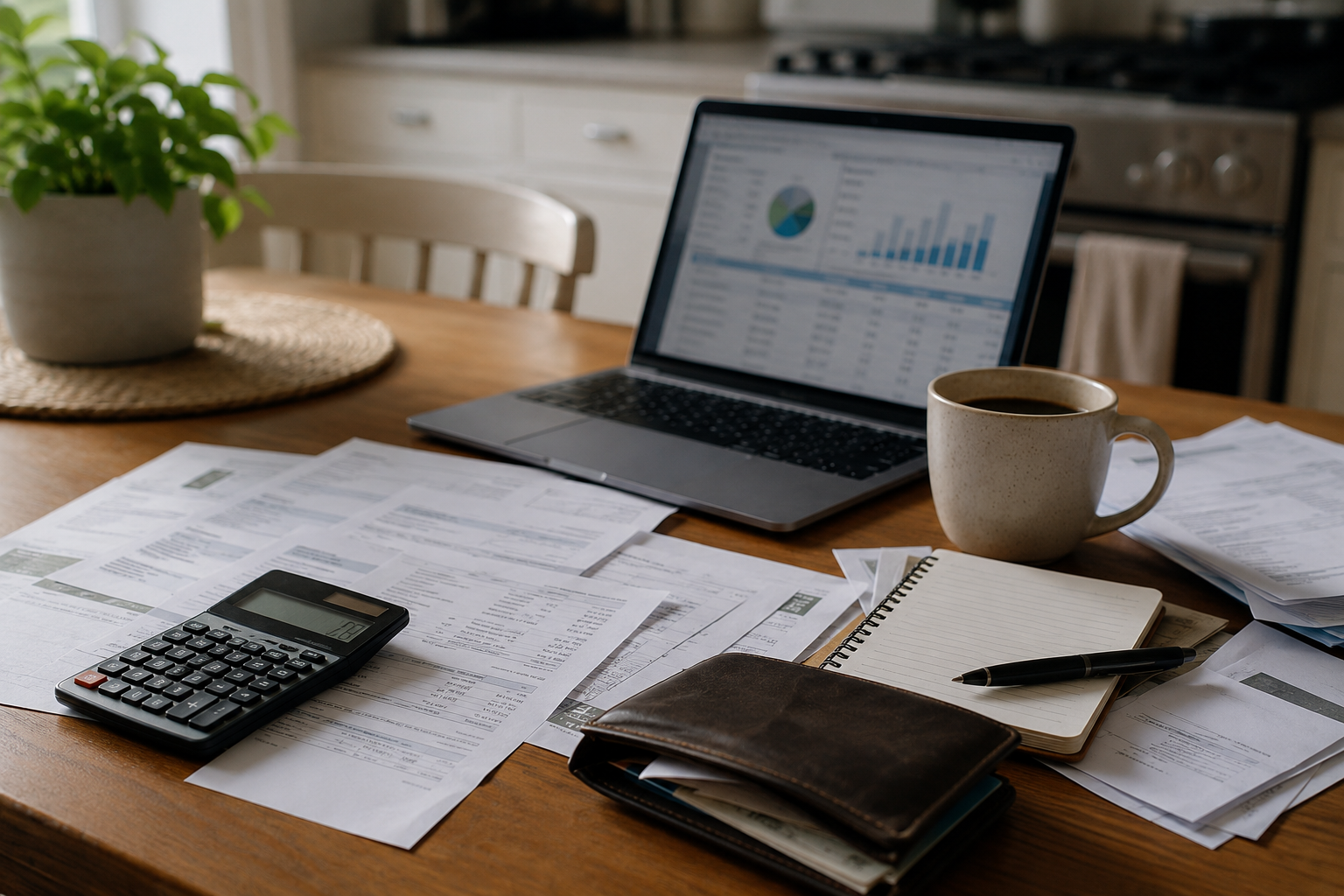 Household bills and budgeting materials representing consumer debt.