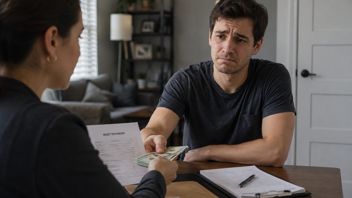 A family reviews a lease renewal and household budget at a kitchen table.